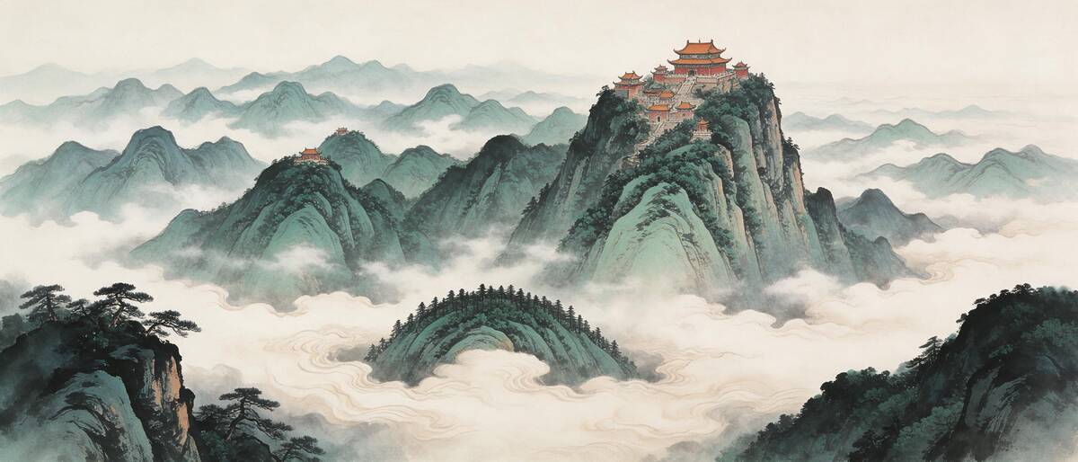 南岳衡山祝融峰云海与古寺