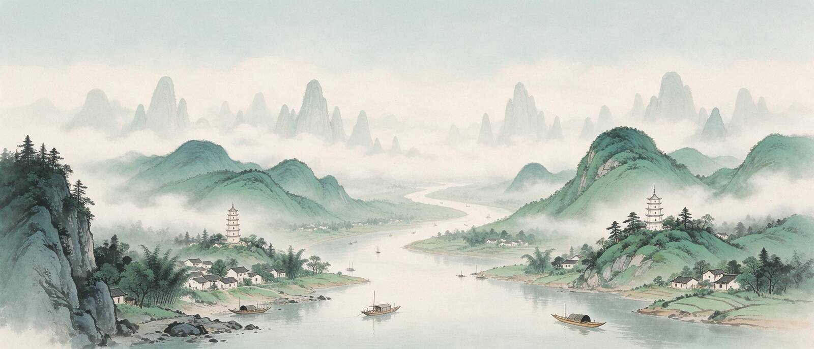 湖南三湘四水全景：峰林云海与湘江蜿蜒