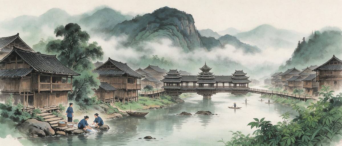怀化通道侗乡风雨桥与碧水